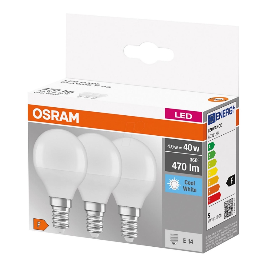 CONJUNTO 3x Lâmpada LED P40 E14/4,9W/230V 4000K - Osram