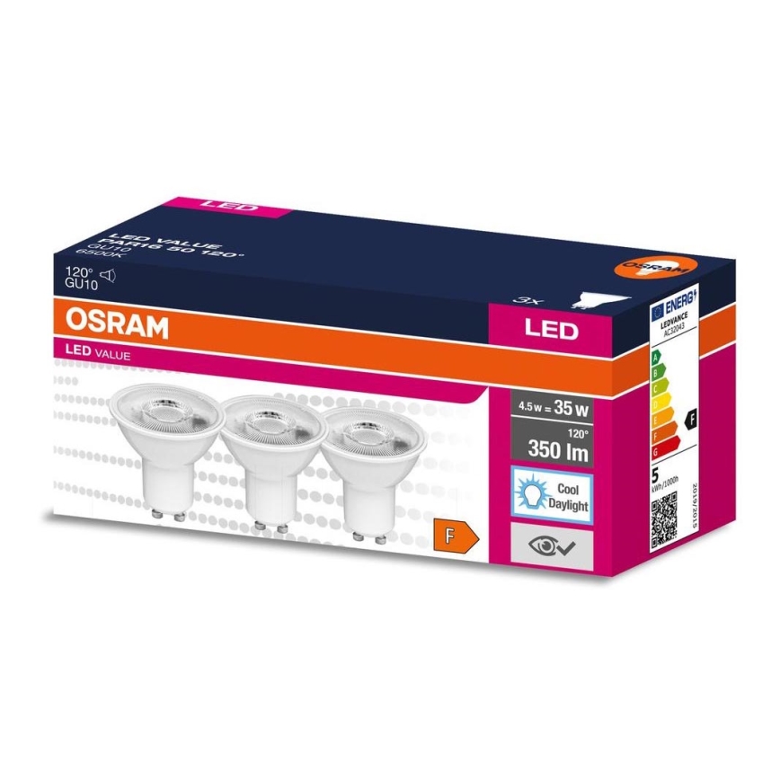 CONJUNTO 3x Lâmpada LED PAR16 GU10/4,5W/230V 6500K 120° - Osram