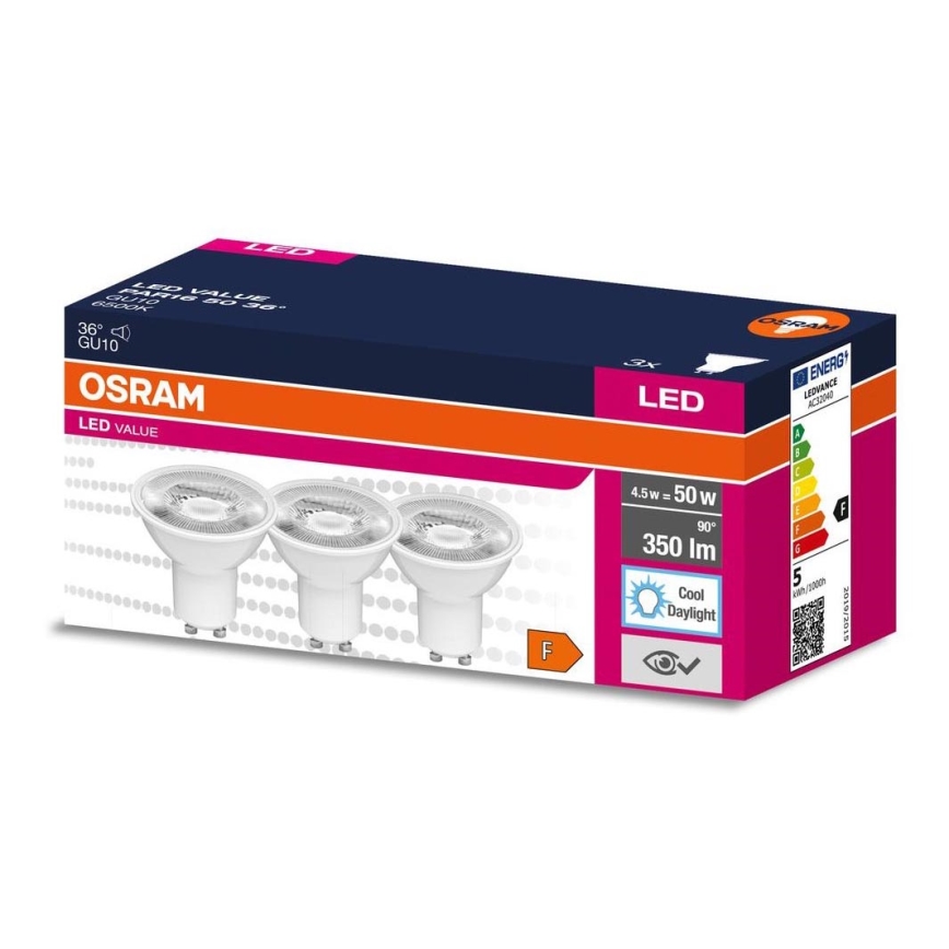 CONJUNTO 3x Lâmpada LED PAR16 GU10/4,5W/230V 6500K 36° - Osram