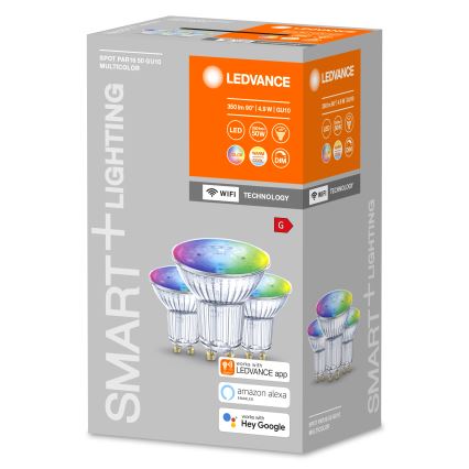 CONJUNTO 3x Lâmpada LED RGBW com regulação SMART + GU10/4,9W/230V 2,700K-6,500K Wi-Fi - Ledvance