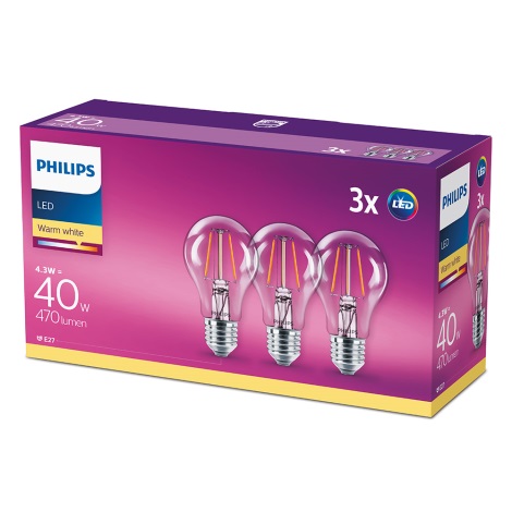CONJUNTO 3x Lâmpada LED VINTAGE Philips E27/4,3W/230V 2700K