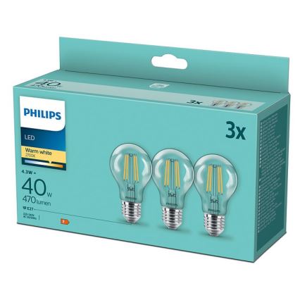 CONJUNTO 3x Lâmpada LED VINTAGE Philips E27/4,3W/230V 2700K