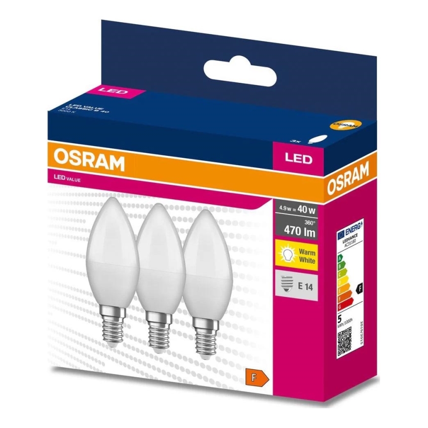 CONJUNTO 3x Lâmpadas LED B38 E14/4,9W/230V 3000K - Osram