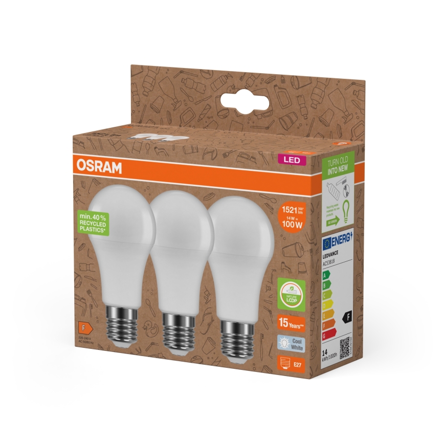 Conjunto 3x Lâmpadas LED de plástico reciclado A100 E27/14W/230V 4000K - Osram