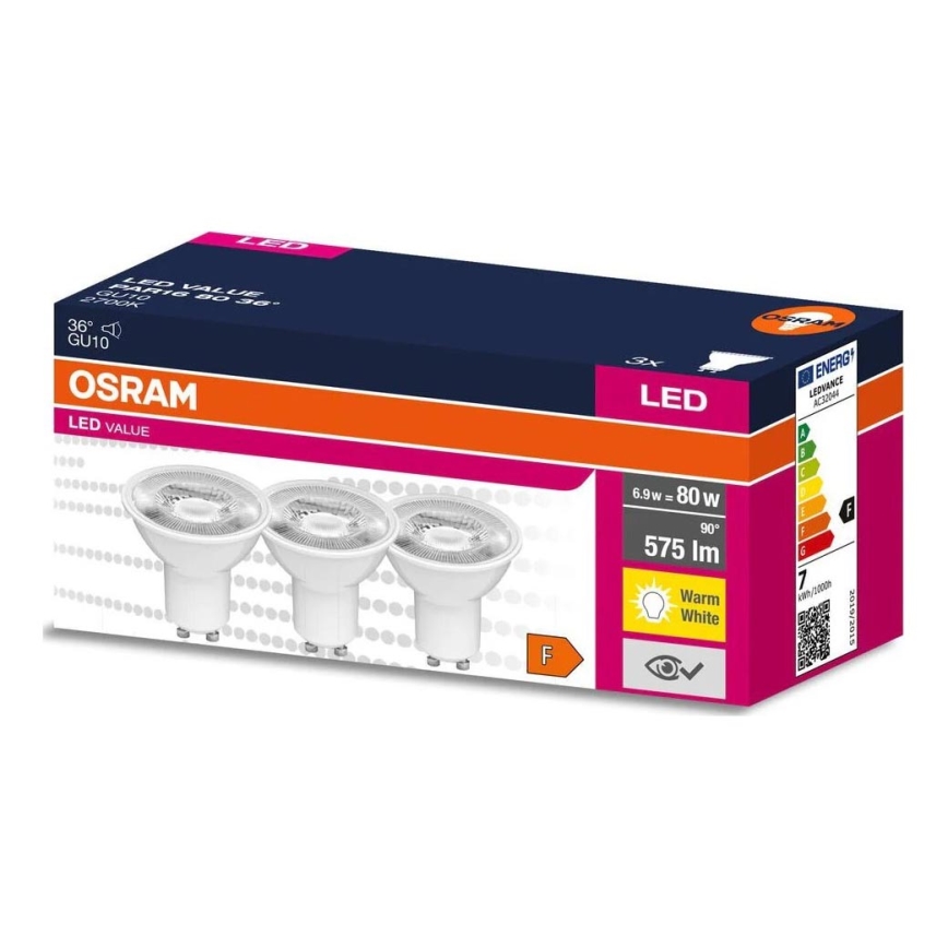 CONJUNTO 3x Lâmpadas LED PAR16 GU10/6,9W/230V 2700K 36° - Osram