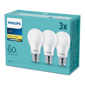 Conjunto 3x Lâmpadas LED Philips E27/9W/230V 2700K