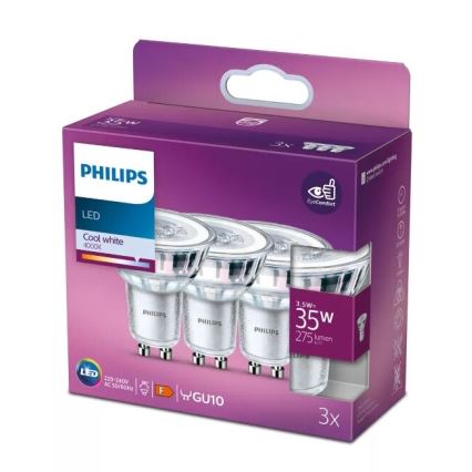 CONJUNTO 3x Lâmpadas LED Philips PAR16 GU10/3,5W/230V 4000K