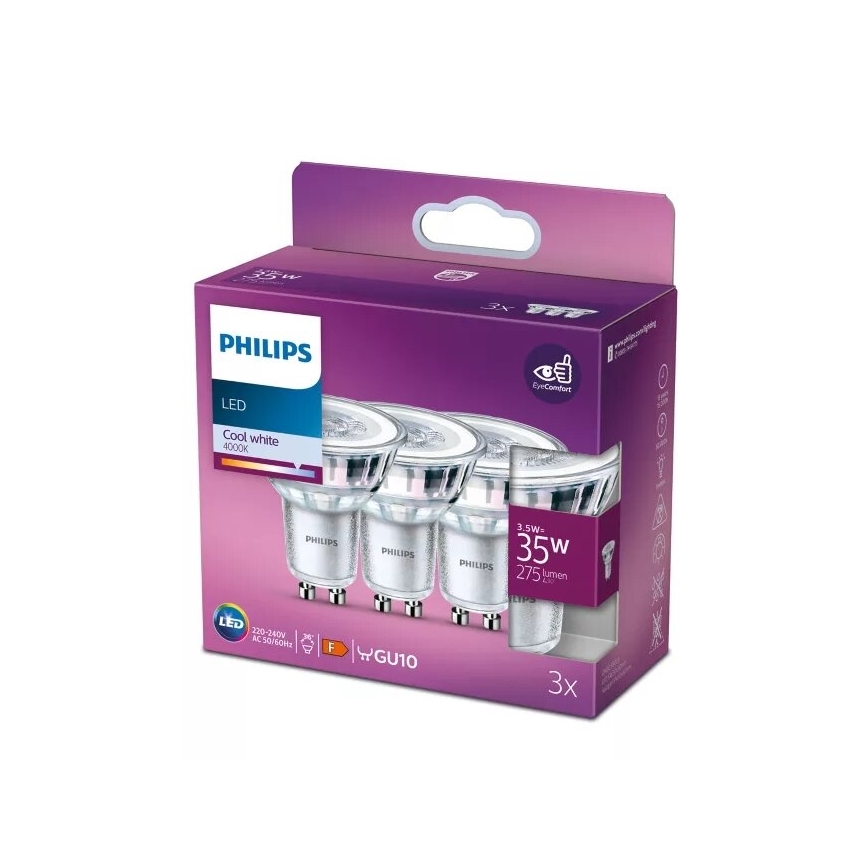 CONJUNTO 3x Lâmpadas LED Philips PAR16 GU10/3,5W/230V 4000K