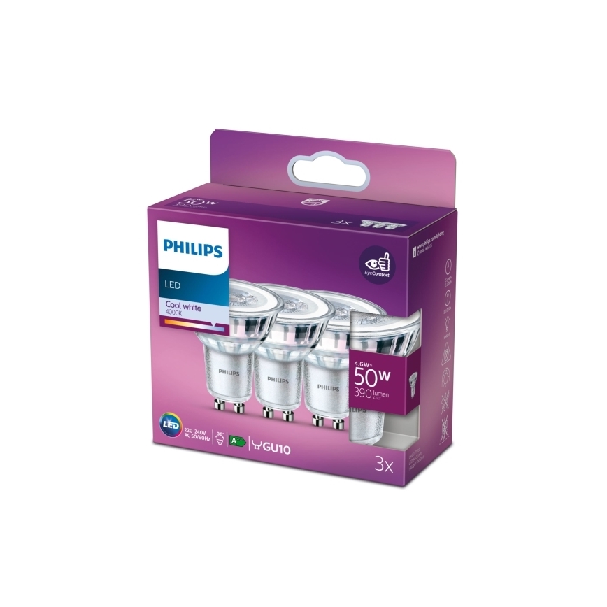 CONJUNTO 3x Lâmpadas LED Philips PAR16 GU10/4,6W/230V 4000K