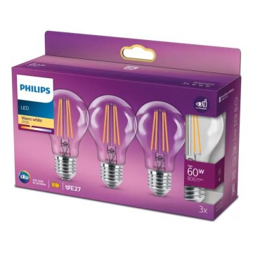 CONJUNTO 3x Lâmpadas LED VINTAGE Philips A60 E27/7W/230V 2700K
