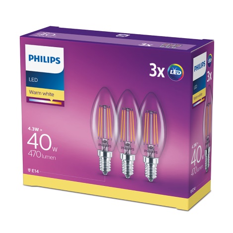 CONJUNTO 3x Lâmpadas LED VINTAGE Philips E14/4,3W/230V 2700K