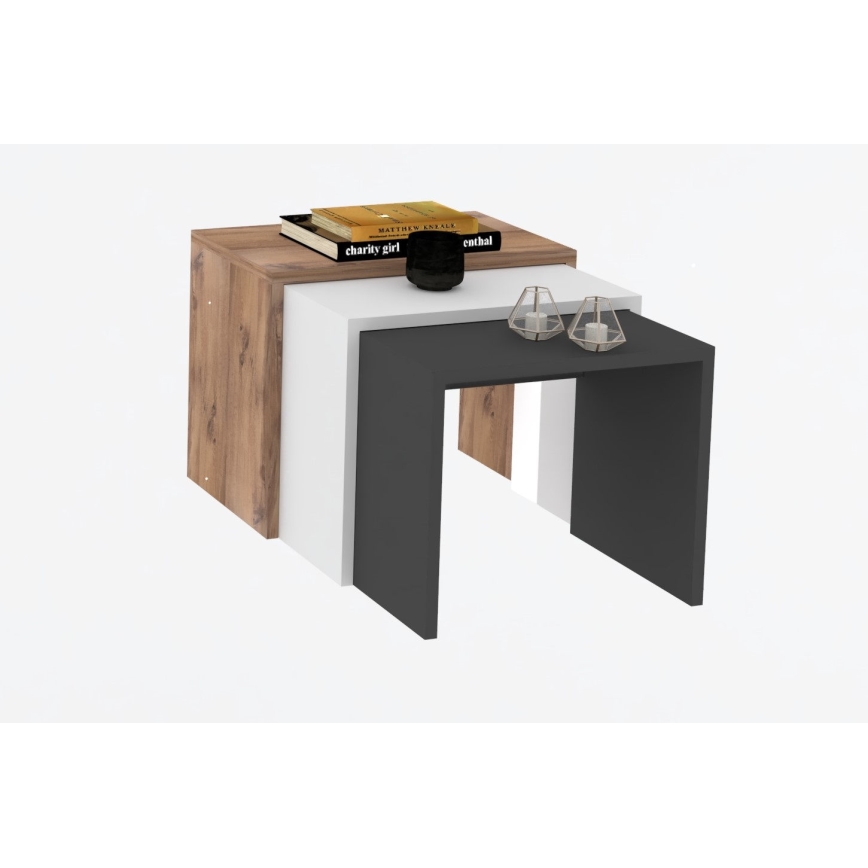 CONJUNTO 3x Mesa de apoio GUL castanho/branco/cinzento