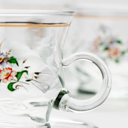 Conjunto 6x copos de vidro com pires transparente buquê no. 2