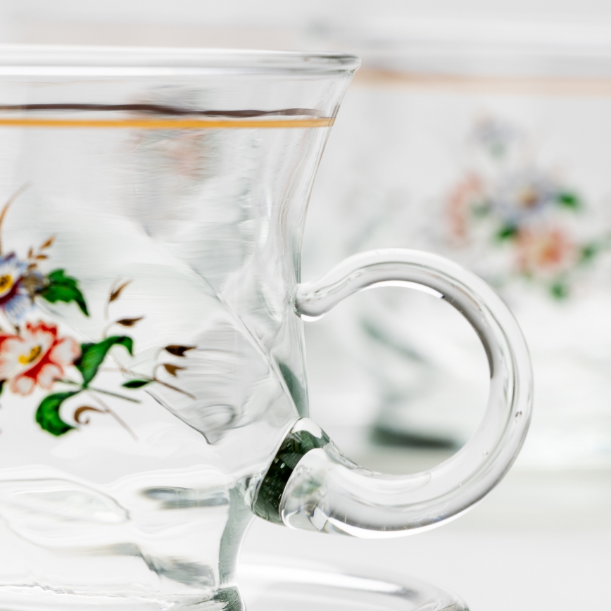 Conjunto 6x copos de vidro com pires transparente buquê no. 2