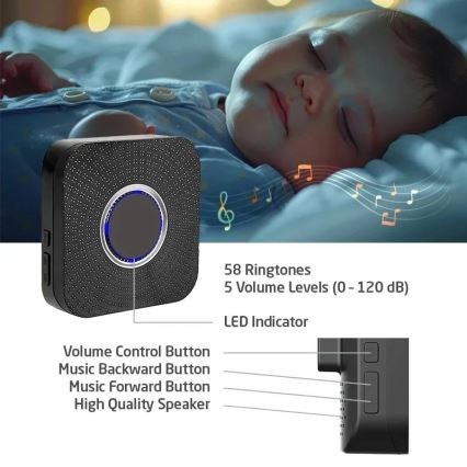 Conjunto de 2 campainhas sem fios para tomada, com tecnologia cinética, 230 V, pretas