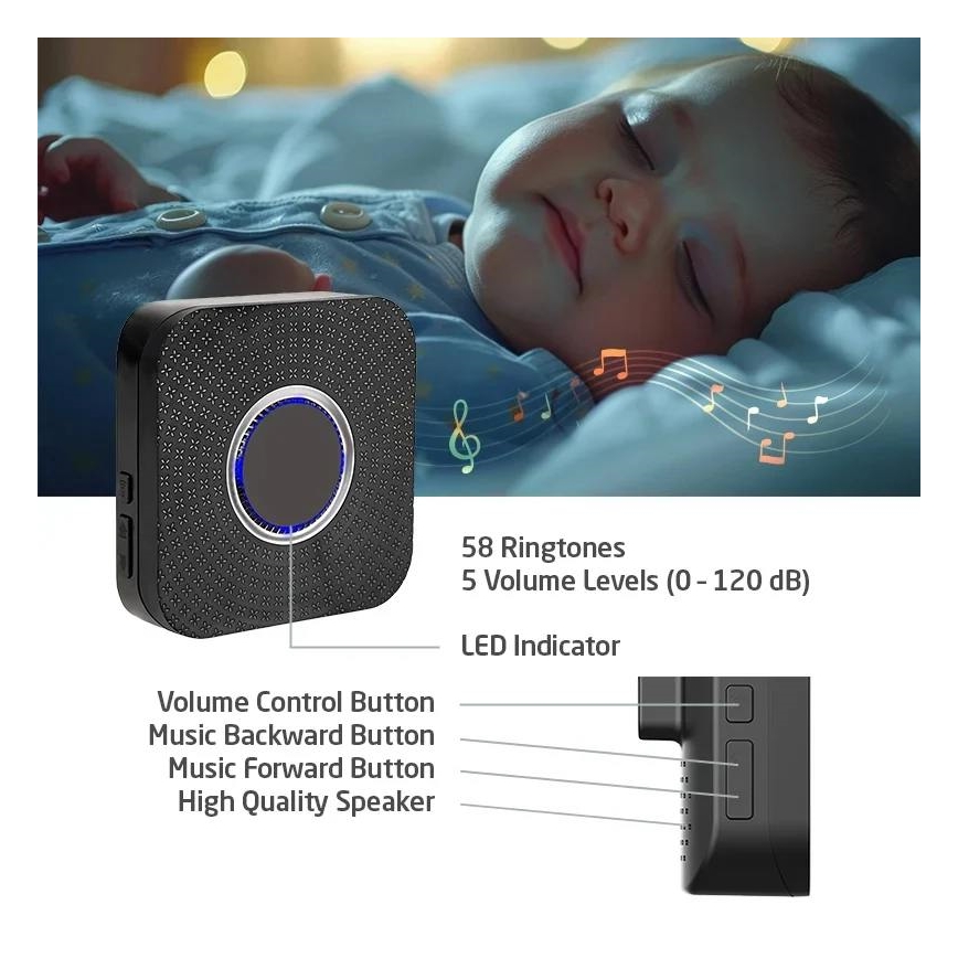 Conjunto de 2 campainhas sem fios para tomada, com tecnologia cinética, 230 V, pretas