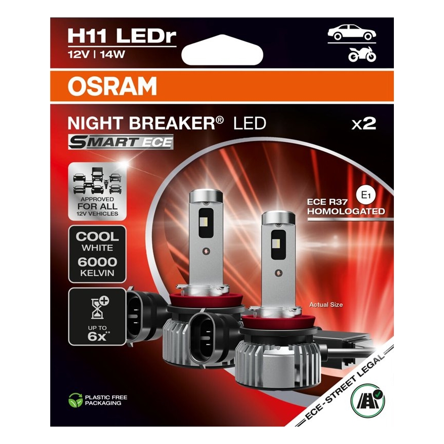 Conjunto de 2 lâmpadas LED para automóvel NIGHT BREAKER SMART H11 PGJ19-2/14W/12V 6000K - Osram