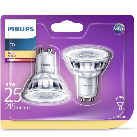 CONJUNTO de 2 Lâmpadas LED Philips GU10/3.1W/230V 2700K