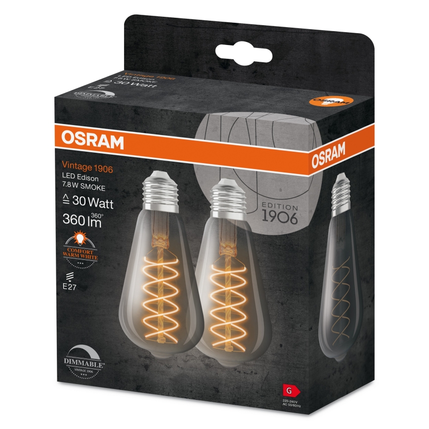 Conjunto de 2 lâmpadas LED reguláveis com filamento vintage E27/4,8W/230V 2200K - Osram