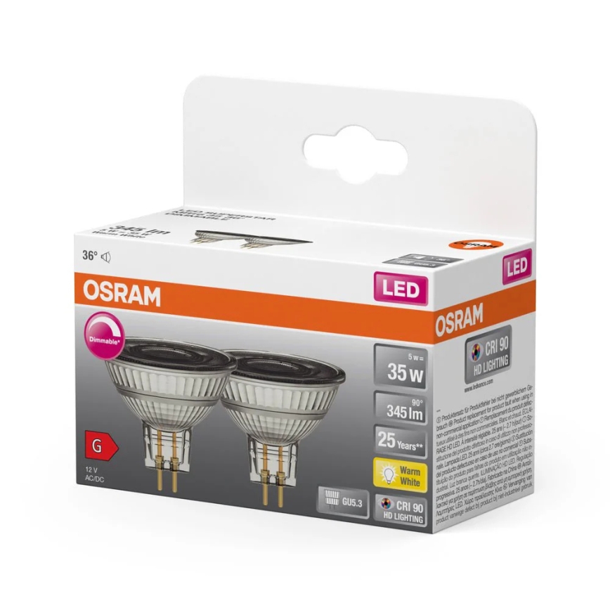 Conjunto de 2 lâmpadas LED refletoras dimerizáveis MR16 GU5,3/5W/12V 2700K 36° CRI 90 - Osram