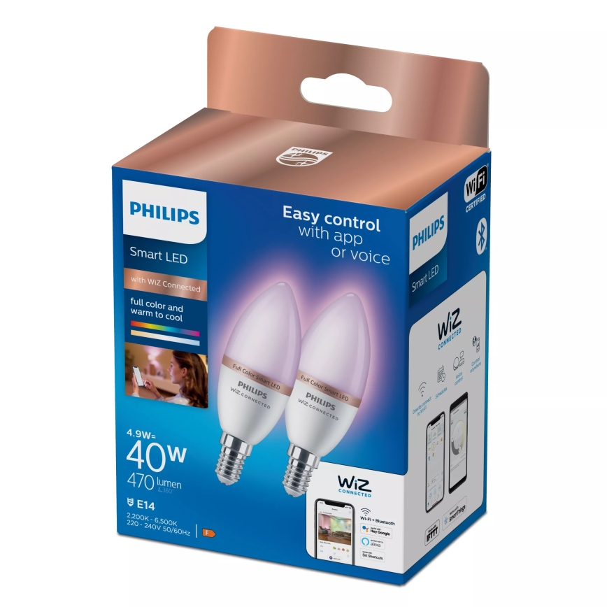 Pack de 2 lâmpadas LED RGB dimerizáveis Philips SMART C37 E14/4,9W/230V 2200-6500K IRC 90