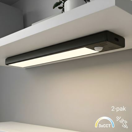 Conjunto de 2 unidades de iluminação LED recarregável para mobiliário com sensor de movimento e crepúsculo VIRO LED/1W/3,7V 800 mAh 3000/4000/6500K 20 cm preto