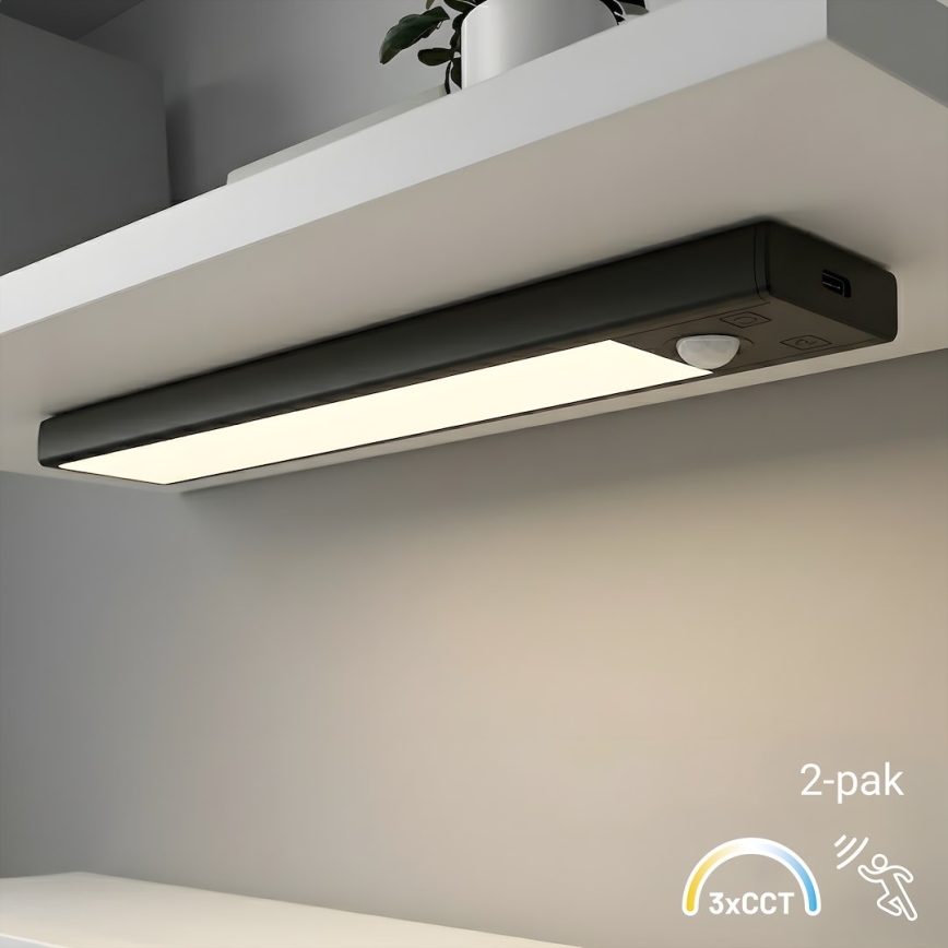 Conjunto de 2 unidades de iluminação LED recarregável para mobiliário com sensor de movimento e crepúsculo VIRO LED/1W/3,7V 800 mAh 3000/4000/6500K 20 cm preto