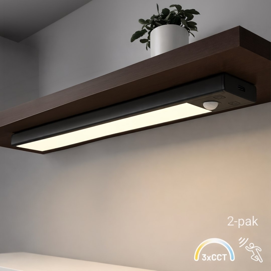 Conjunto de 2 luzes LED recarregáveis para móveis com sensor de movimento e sensor crepuscular VIRO LED/1,2W/3,7V 800 mAh 3000/4000/6500K 30 cm pretas