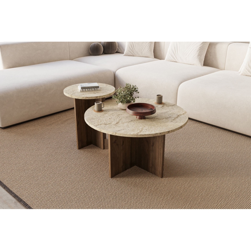 Conjunto de 2 mesas de centro PURO, Ø 40/70 cm, nogueira/bege
