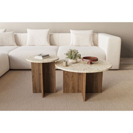 Conjunto de 2 mesas de centro PURO, Ø 40/70 cm, nogueira/bege