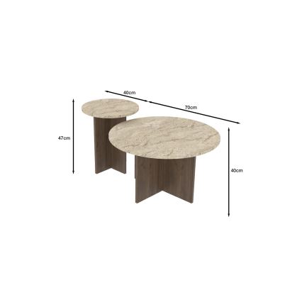 Conjunto de 2 mesas de centro PURO, Ø 40/70 cm, nogueira/bege