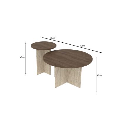 Conjunto de 2 mesas de centro PURO Ø 40/70 cm travertino/nogueira