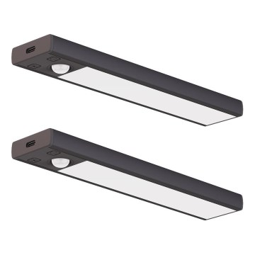 Conjunto de 2 unidades de iluminação LED recarregável para mobiliário com sensor de movimento e crepúsculo VIRO LED/1W/3,7V 800 mAh 3000/4000/6500K 20 cm preto