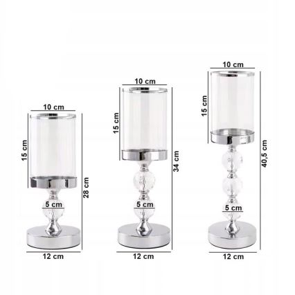 Conjunto de 3 castiçais cromados brilhantes