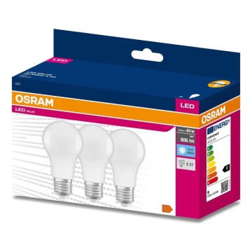 Conjunto de 3 lâmpadas LED A60 E27/8,5W/230V 6500K - Osram