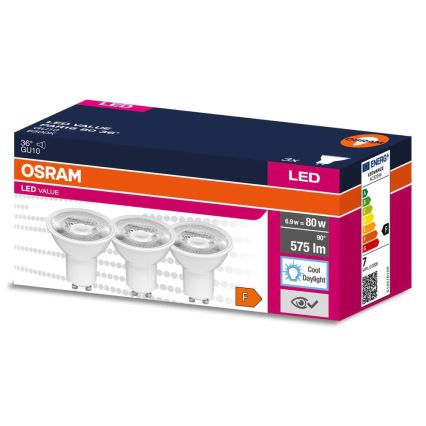 Conjunto de 3 lâmpadas LED refletoras PAR16 GU10/6,9W/230V 6500K 36° - Osram