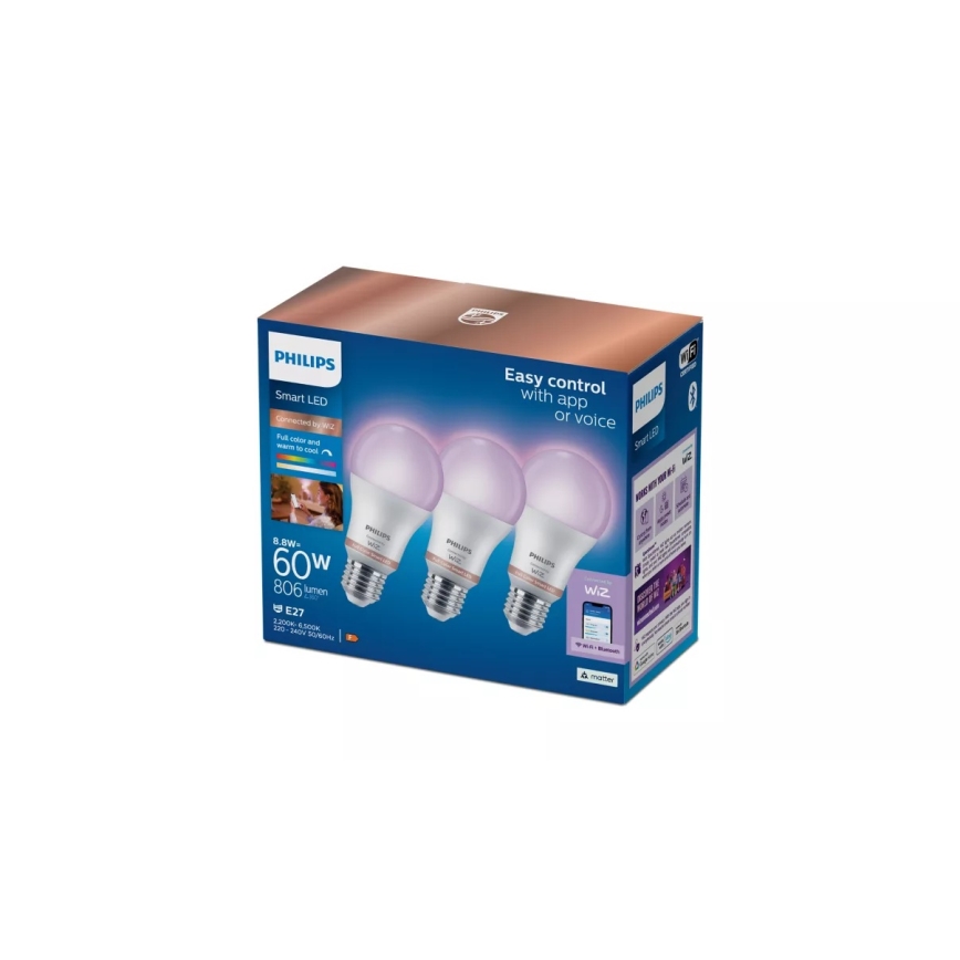 Conjunto de 3 lâmpadas LED RGB dimerizáveis Philips SMART A60 E27/8,8W/230V 2200-6500K