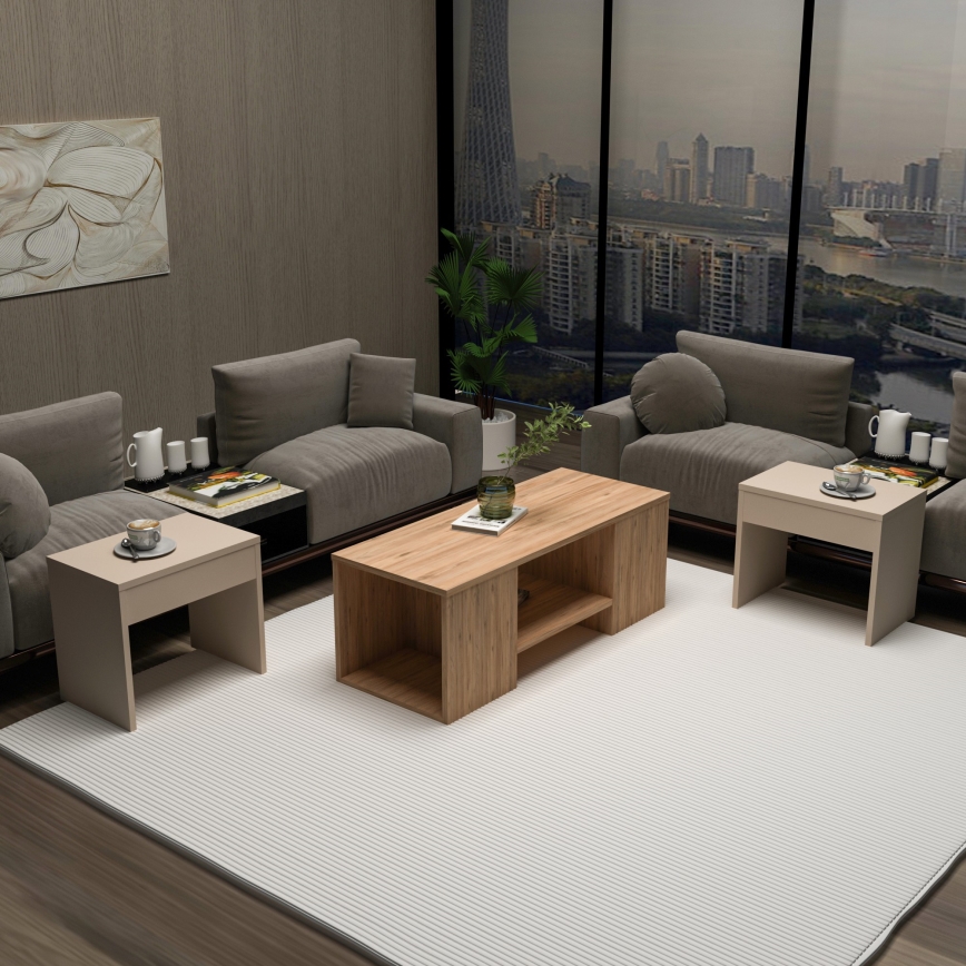 Conjunto de 3 mesas de centro SOLIS 45/45/100x30/30/40 cm bege/abeto
