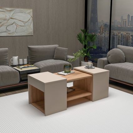 Conjunto de 3 mesas de centro SOLIS 45/45/100x30/30/40 cm bege/abeto