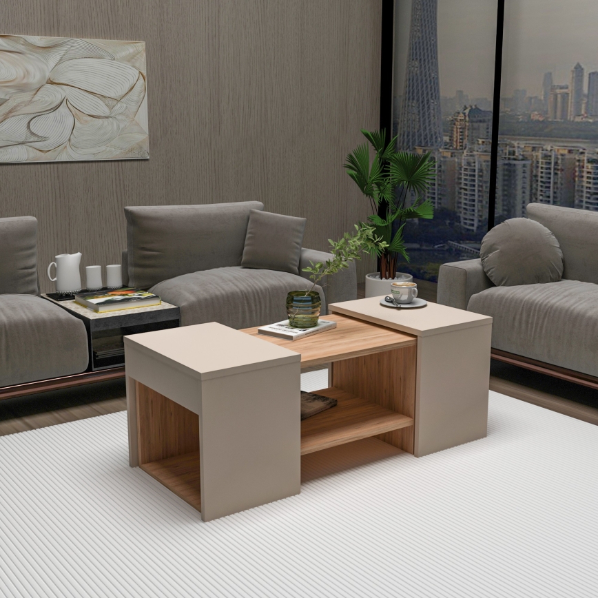 Conjunto de 3 mesas de centro SOLIS 45/45/100x30/30/40 cm bege/abeto