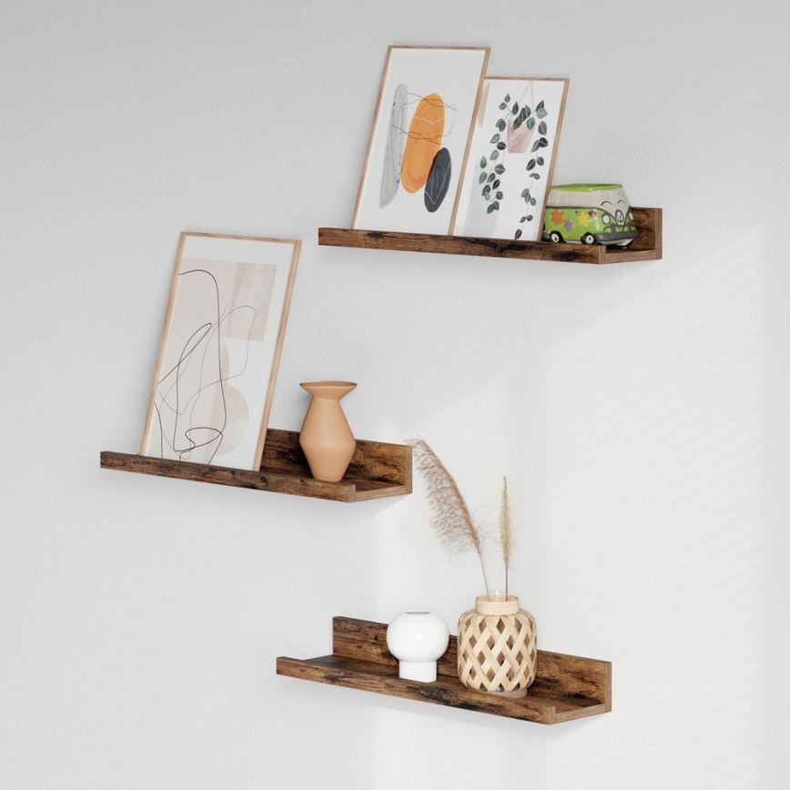 Conjunto de 3 prateleiras de parede SHELFY 38x5x10 cm, castanhas