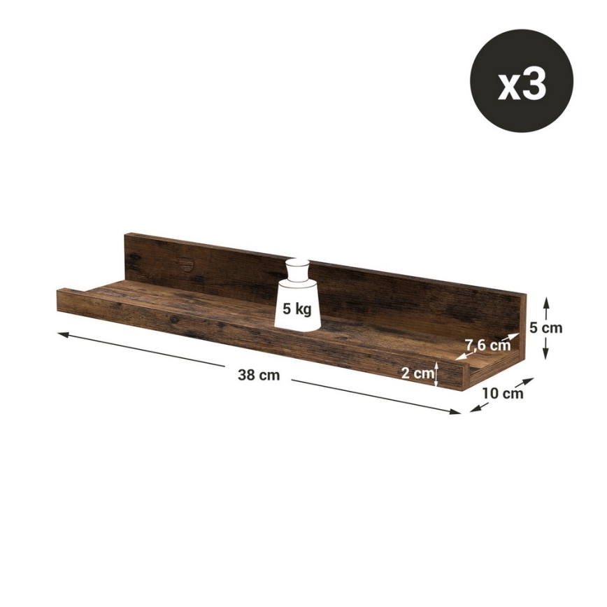 Conjunto de 3 prateleiras de parede SHELFY 38x5x10 cm, castanhas