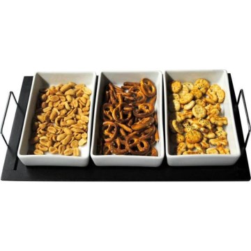 Conjunto de 3 tigelas com bandeja TORO, em cerâmica e madeira