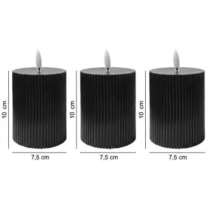 Conjunto de 3 velas LED BRILLO — 10 cm, pretas, alimentadas por 2 pilhas AA, com controlo remoto