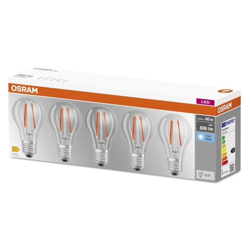 Conjunto de 5 lâmpadas LED Base Classic Filament A60 E27/7W/230V 4000K - Osram
