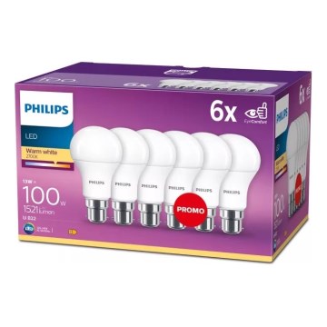 Conjunto de 6 lâmpadas LED Philips A60 B22/13W/230V 2700K