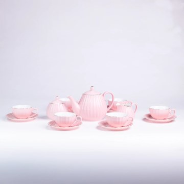 Conjunto de café em porcelana, 15 peças, rosa
