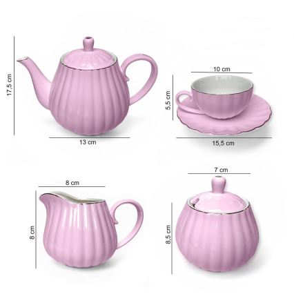 Conjunto de café em porcelana, 15 peças, rosa