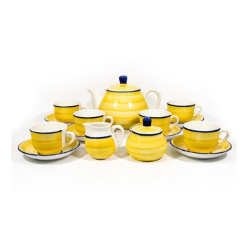 Conjunto de cerâmica com 6 xícaras e pires, 1 jarra com tampa, 1 açucareiro e 1 leiteira