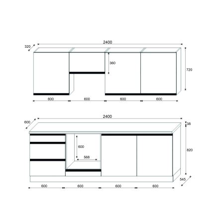 Conjunto de cozinha MARINA 240 cm carvalho craft/preto brilhante